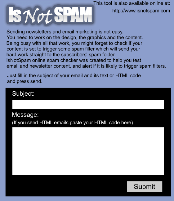 Click to view IsNotSpam - Online Spam checker 1.0 screenshot